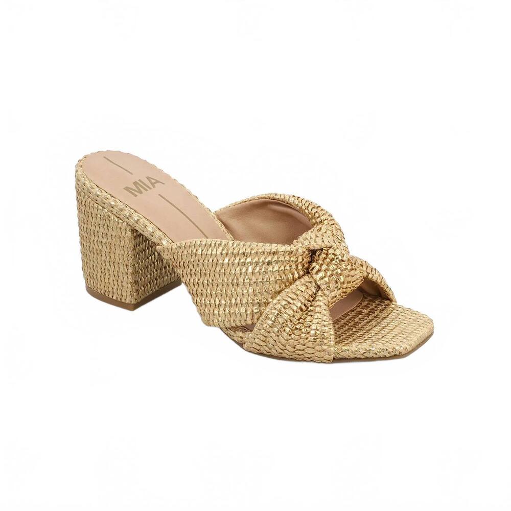 NEW MIA women's hania raffia knot block heel sandals in gold